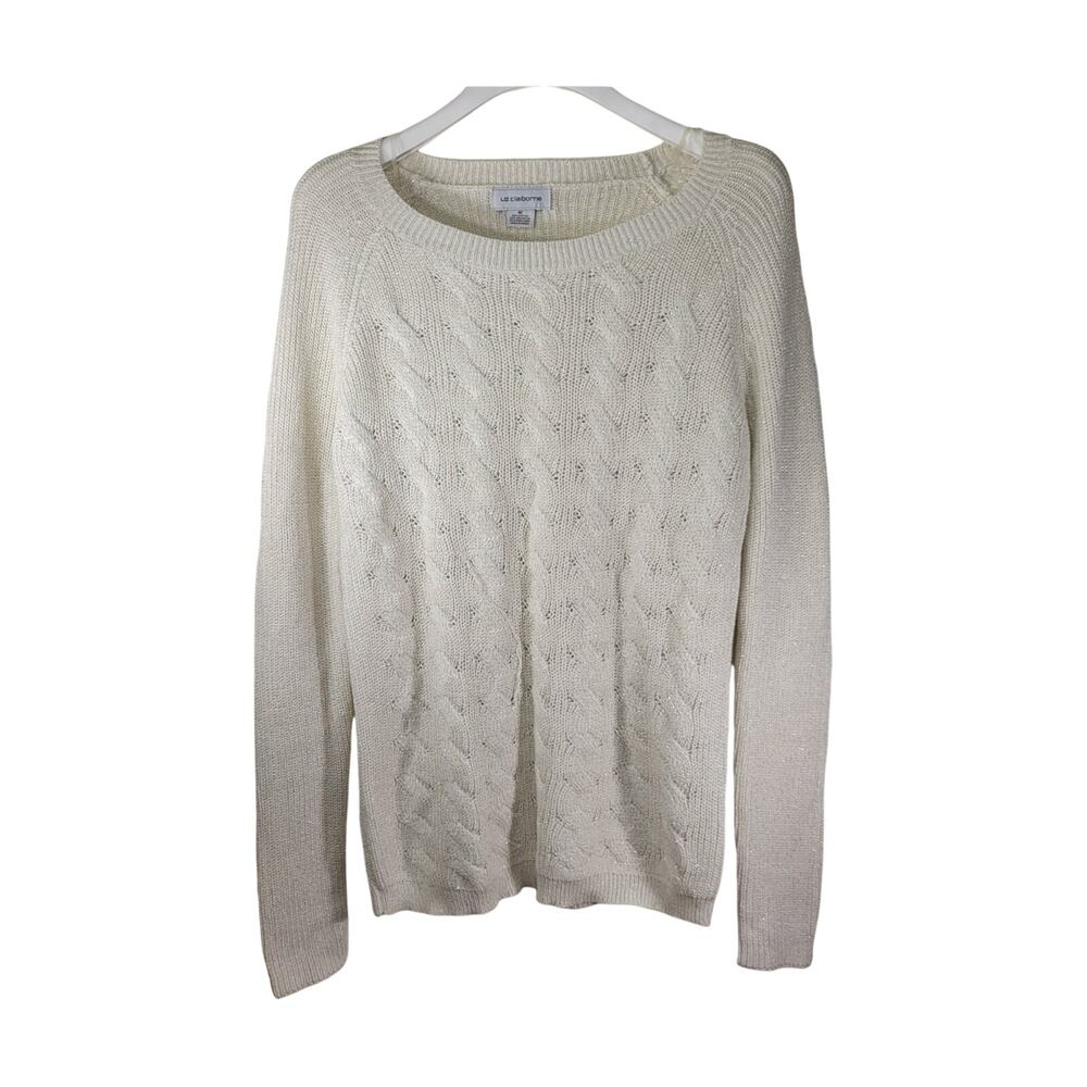 Liz Claiborne White‎ Knit Patterned Sparkled Sweater Pullover Size M Regular